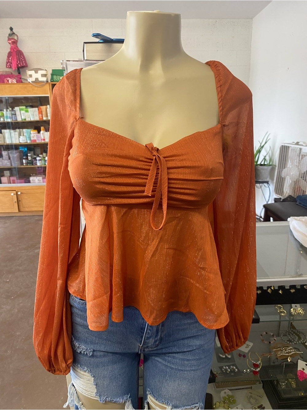 Nasty Gal Rust Orange Tie-Front Long Sleeve Blouse